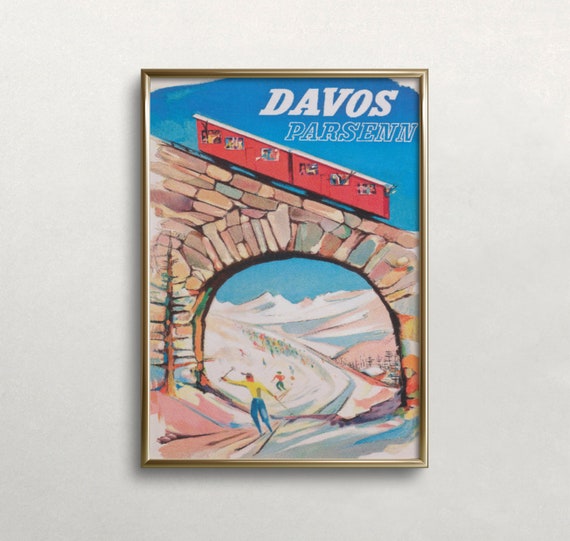 Davos Switzerland Vintage Ski Travel Poster