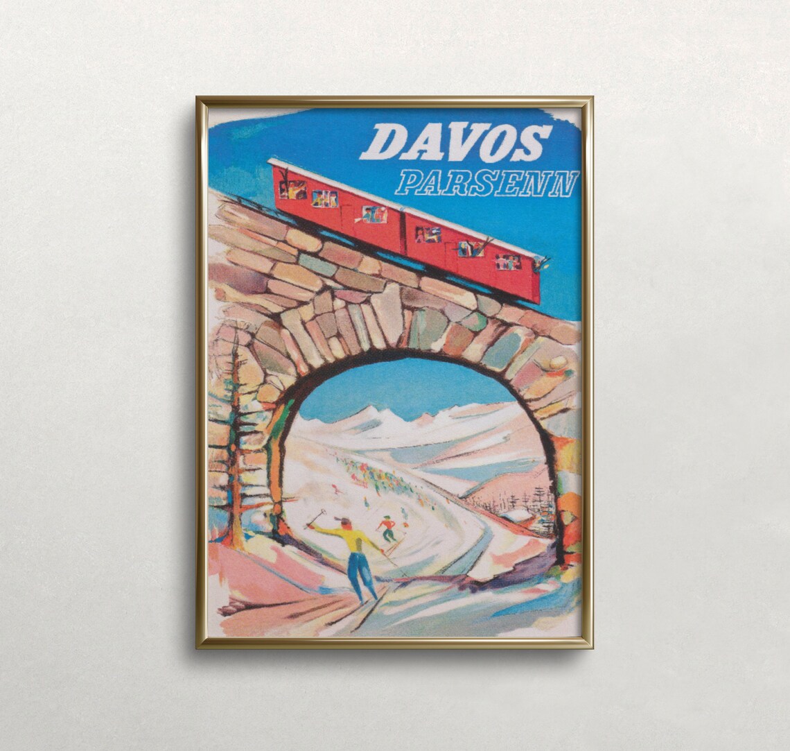 Davos Switzerland Vintage Ski Travel Poster