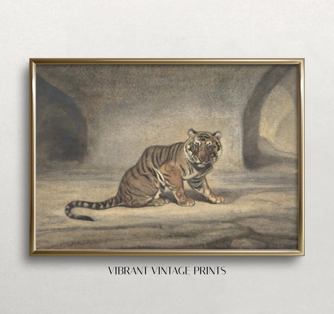 Vintage Tiger Painting Dark Moody Big Cat Wildlife Art Poster