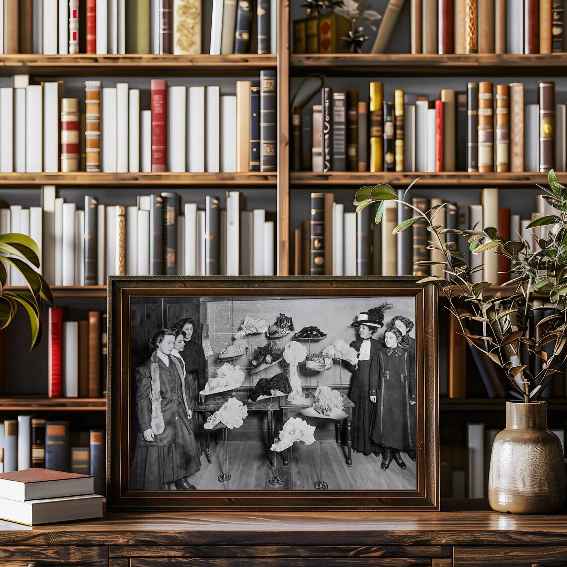 Edwardian Women at Hat Shop Vintage Black and White Photograph Poster - Image 2