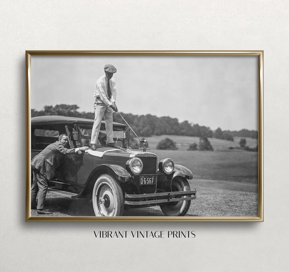 Vintage Golfer Teeing Off On Top Of Classic Car Funny Sports Print