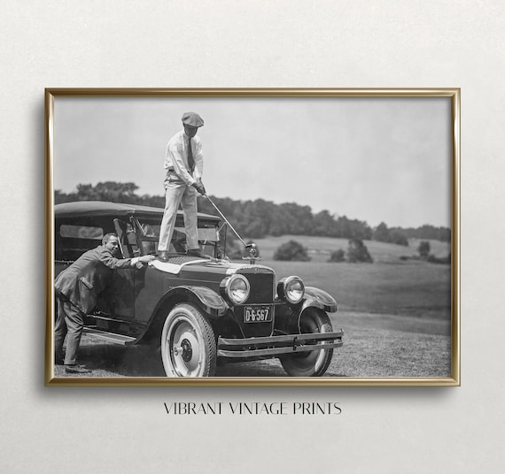 Golfer On Top Of Car Golf Wall Art Black And White Art Vintage Wall Art Funny Wall Art Antique Car Wall Art