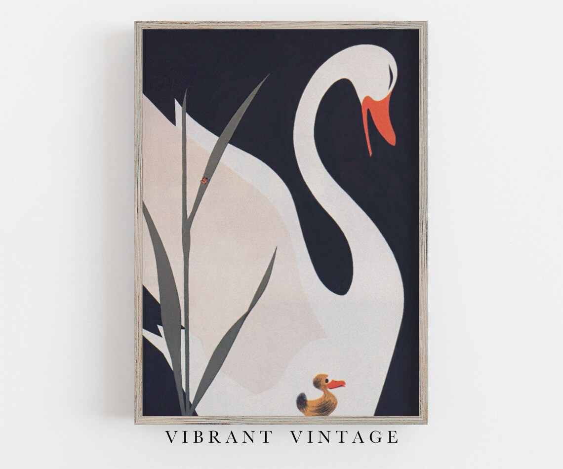 Swan and Duckling Vintage Nursery Poster Art