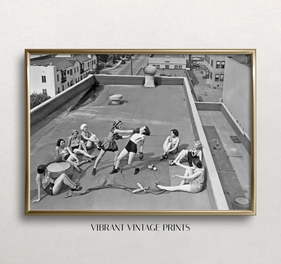 Women Boxing on Roof, Vintage Black and White Art Print