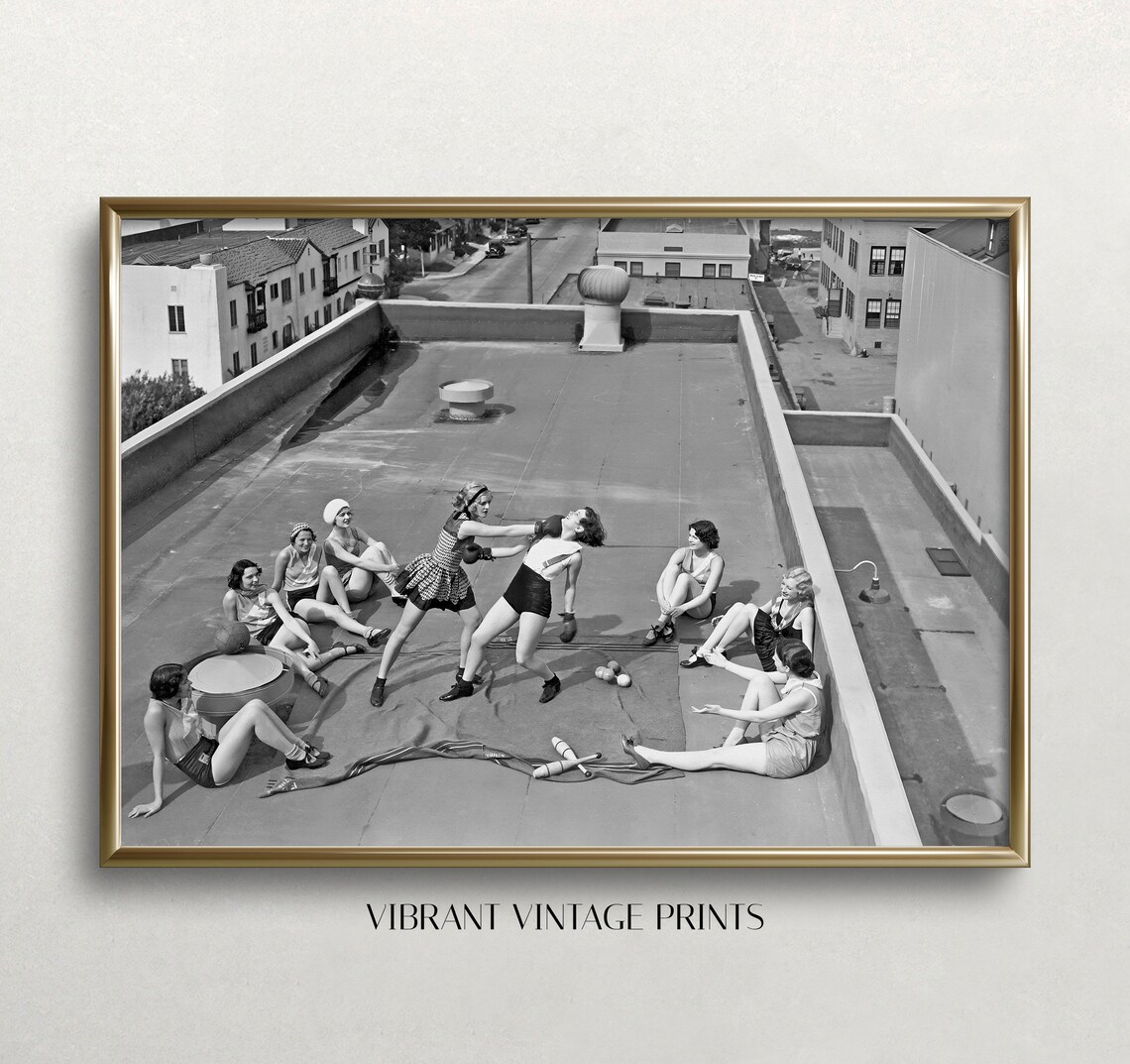 Women Boxing on Roof, Vintage Black and White Art Print