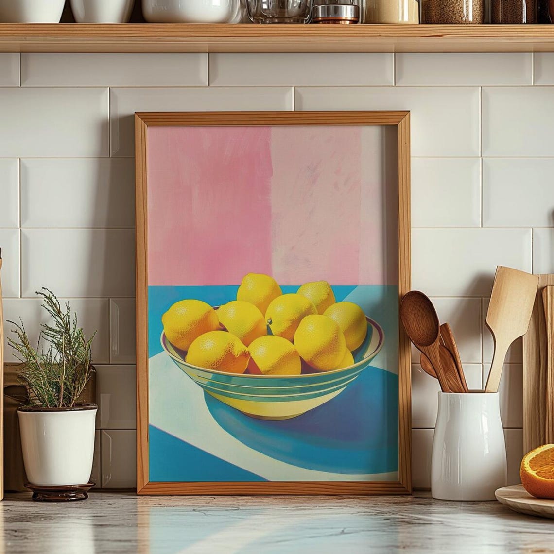 Modern Lemon Bowl Pop Art Pink Blue Colorblock Kitchen Poster - Image 2
