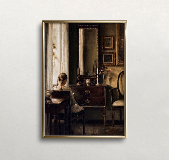 Girl At Window Dark Interior Vintage Painting Quiet Solitude Wall Art