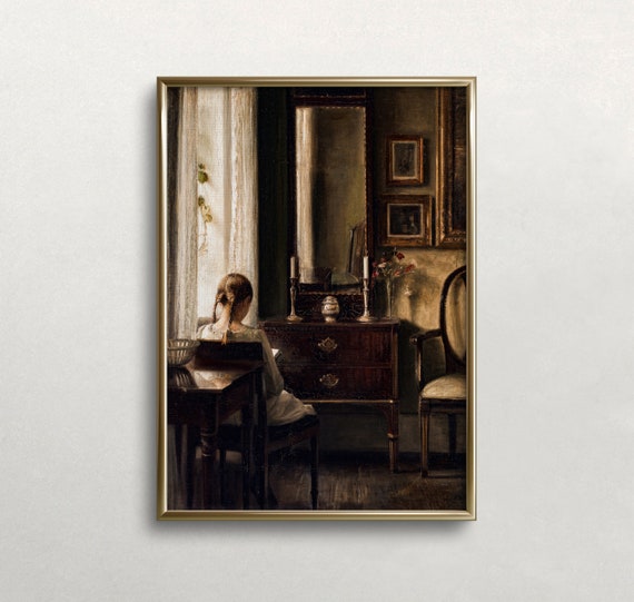 Girl Reading Girl Portrait Vintage Wall Art Dark Moody Colors Farmhouse Wall Decor Wall Art 480