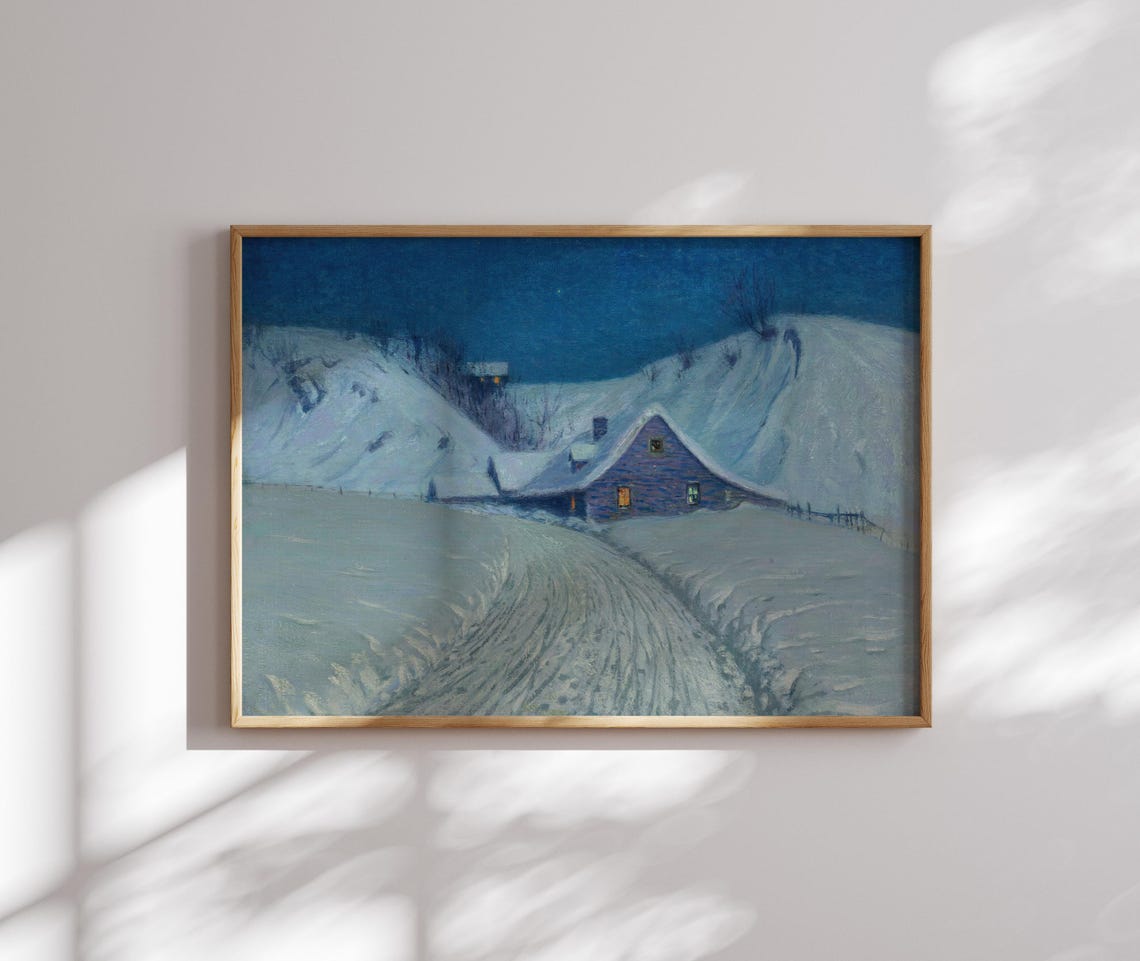 Cozy Snowy Cabin at Night Blue Moonlight Winter Landscape Poster - Image 2
