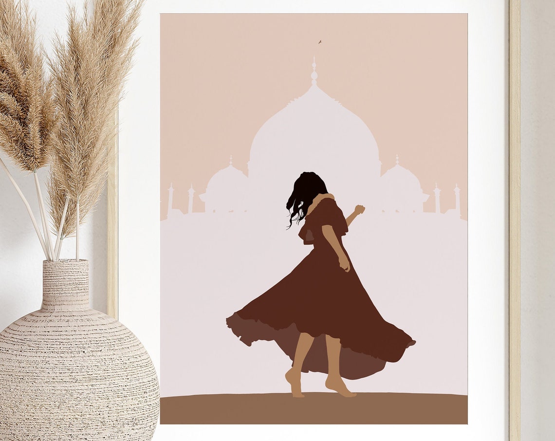 Girl Dancing At Taj Mahal Poster Brown Girl Art Desi Art South Asian Woman Print Indian Woman Art Boho Beige Neutral Wall Decor