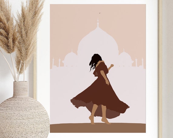 Girl Dancing At Taj Mahal Poster Brown Girl Art Desi Art South Asian Woman Print Indian Woman Art Boho Beige Neutral Wall Decor