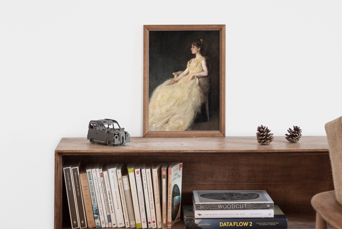 Vintage Woman Oil Portrait Cream Gown Seated Profile Tonal Art Poster - Image 2
