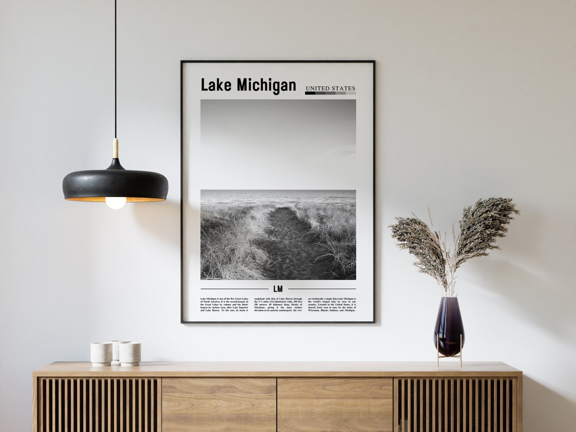 Lake Michigan Poster Black And White Lake Michigan Print Black And White Lake Michigan Wall Art Minimal Travel Print Travel Poster - Image 4