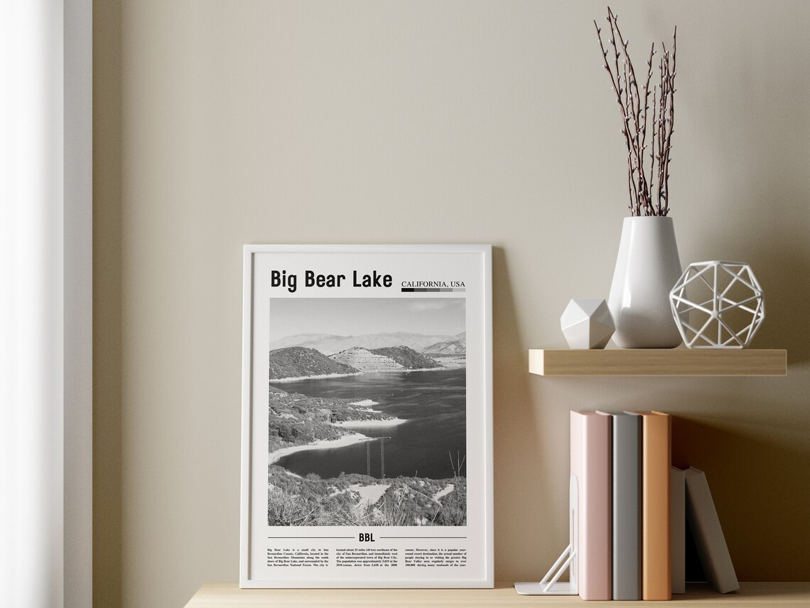 Big Bear Lake Mountain Lake Panorama Black and White Travel Poster - Image 3