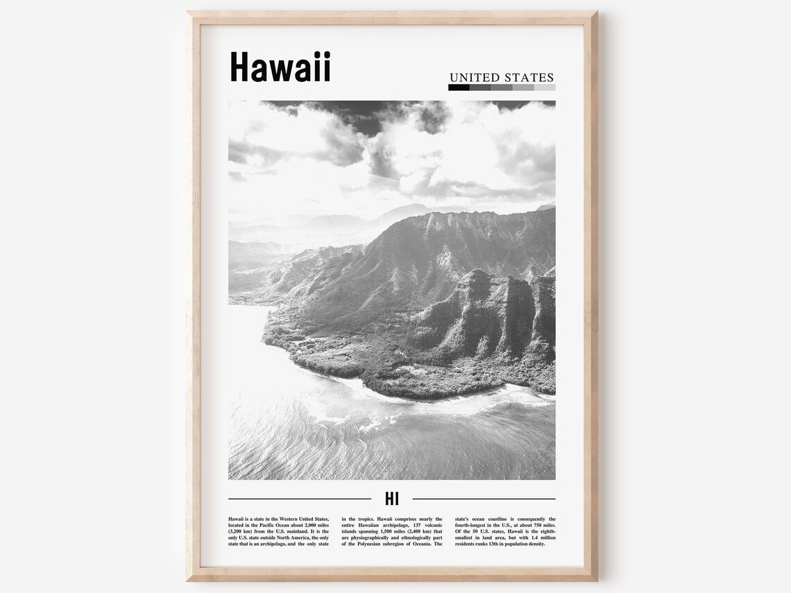 Hawaii Travel Poster, Minimal Black And White