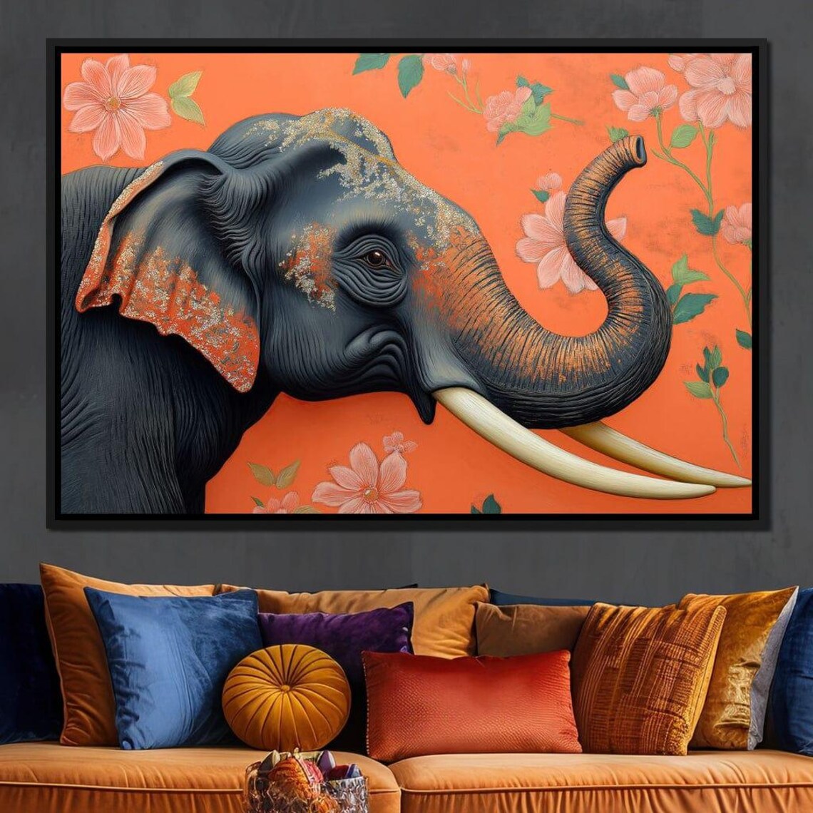 Black Elephant Orange Floral Background Gold Accents Bold Animal Poster - Image 4