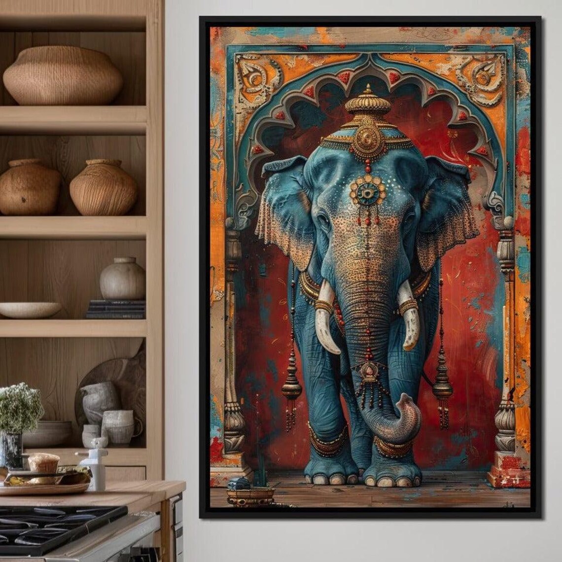 Sapphire Blue Decorated Indian Elephant Gold Jewelry Arch Poster