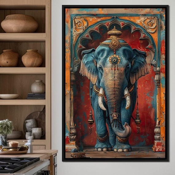 Sapphire Blue Decorated Indian Elephant Gold Jewelry Arch Poster