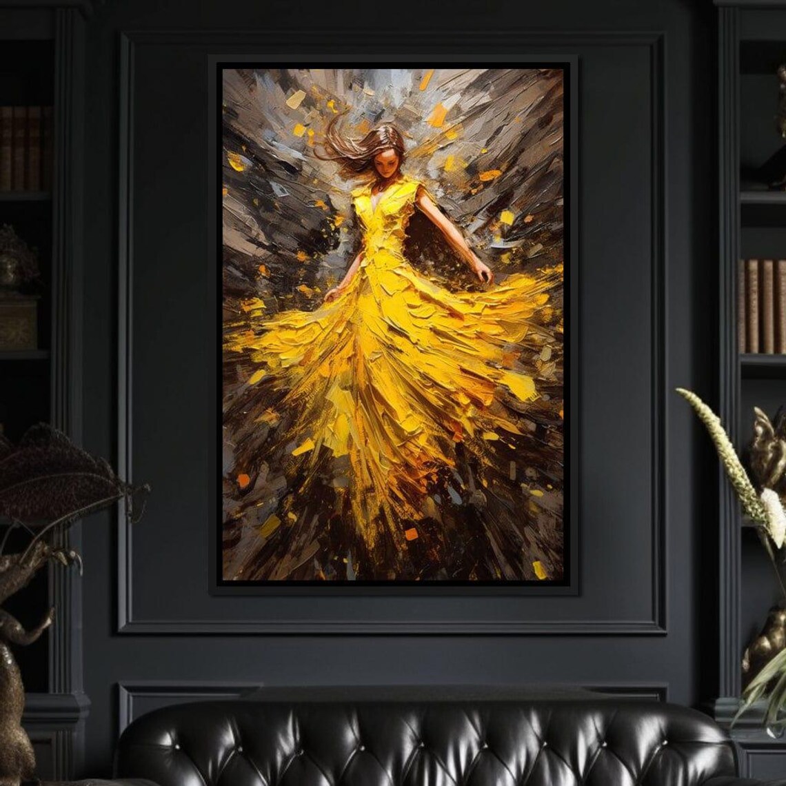 Dancing Woman Flowing Yellow Dress Expressive Painting Modern Fine Art Poster - Image 2