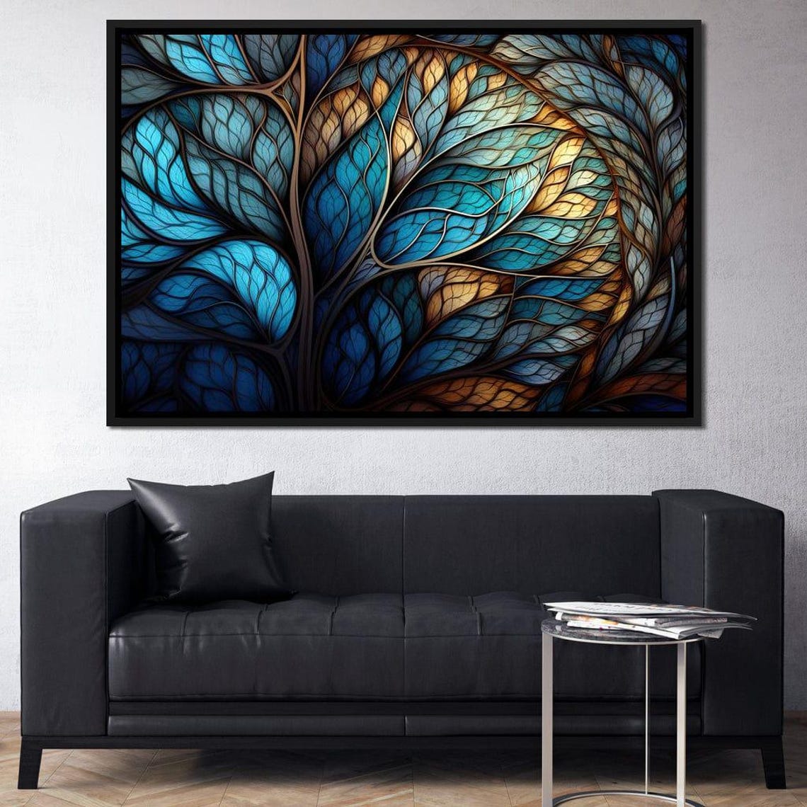 Mosaic Stained Glass Leaves Turquoise Beige Five Panel Wall Art Poster - Image 2