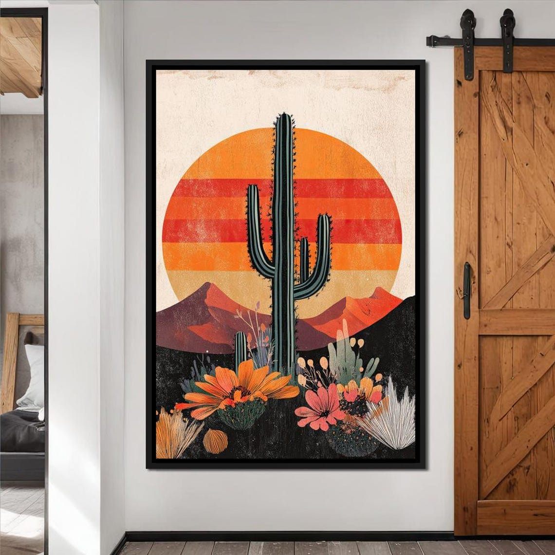 Saguaro Cactus Orange Striped Sun Retro Desert Sunset Wall Art Print - Image 3