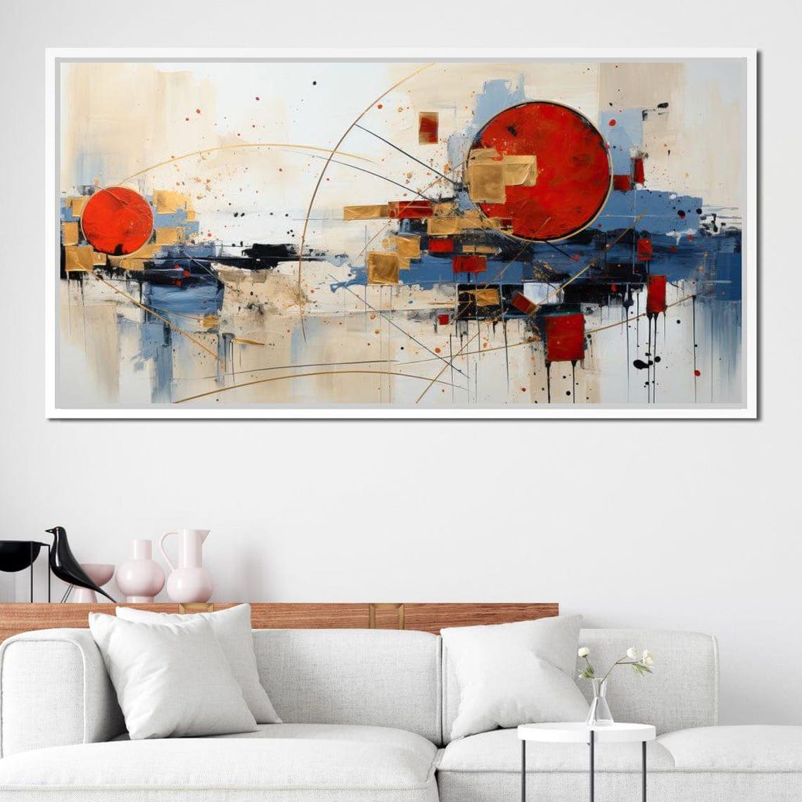 Golden Royal Geometric Harmony 02 Modern Abstract Wall Art Bold Beige Blue Red Circle By Nichecanvas - Image 2