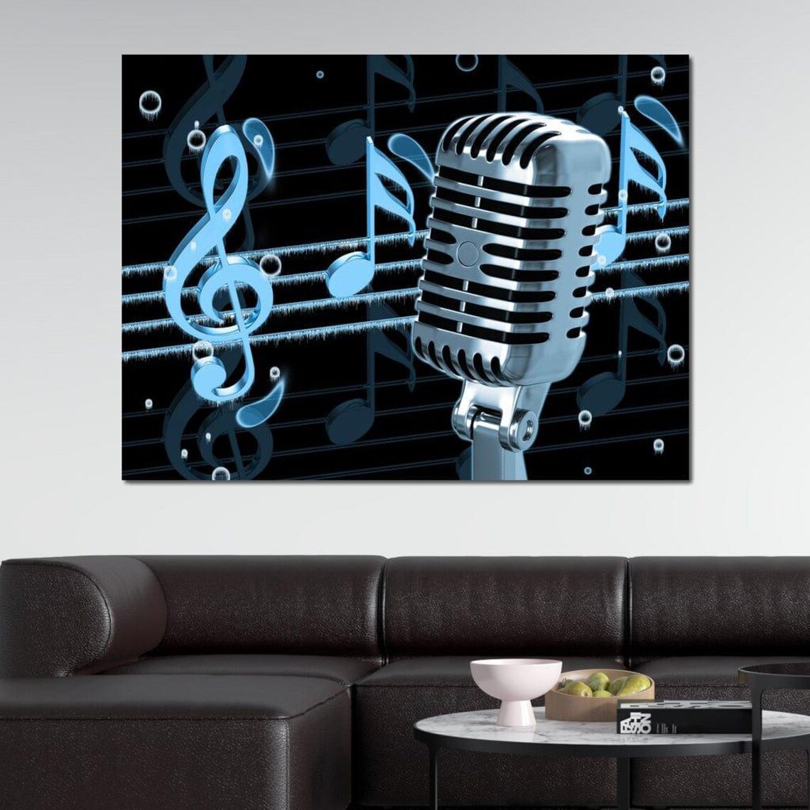 Vintage Chrome Microphone Blue Musical Notes Retro Singing Music Art Poster - Image 2