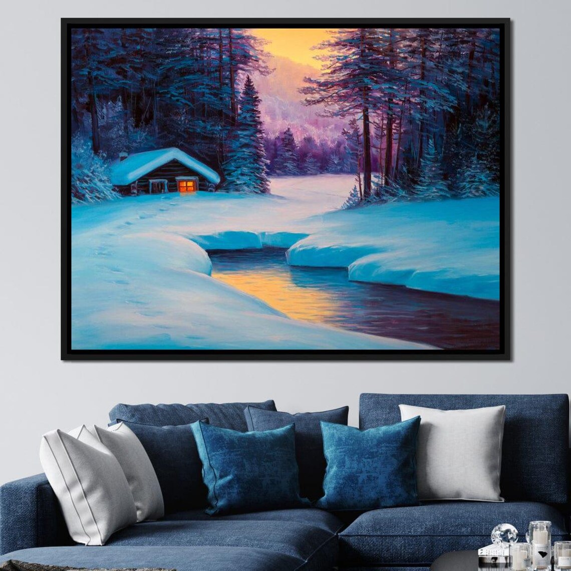 Snowy Cabin Winter Forest River Sunset Cozy Landscape Travel Poster - Image 2