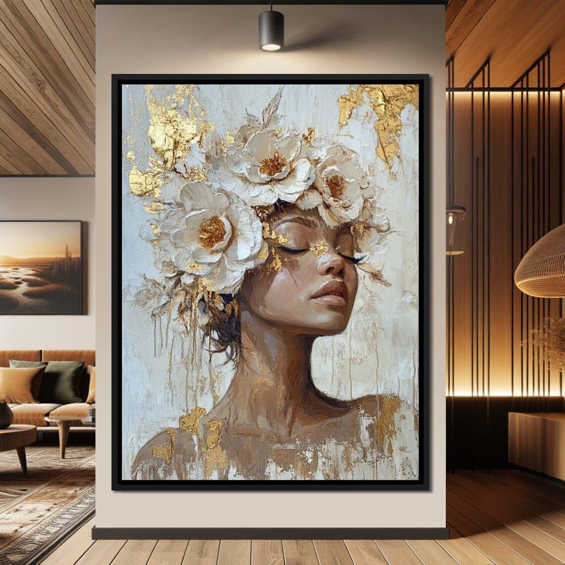 Elegant Woman White Flower Crown Gold Leaf Dreamy Portrait Art Poster - Image 2
