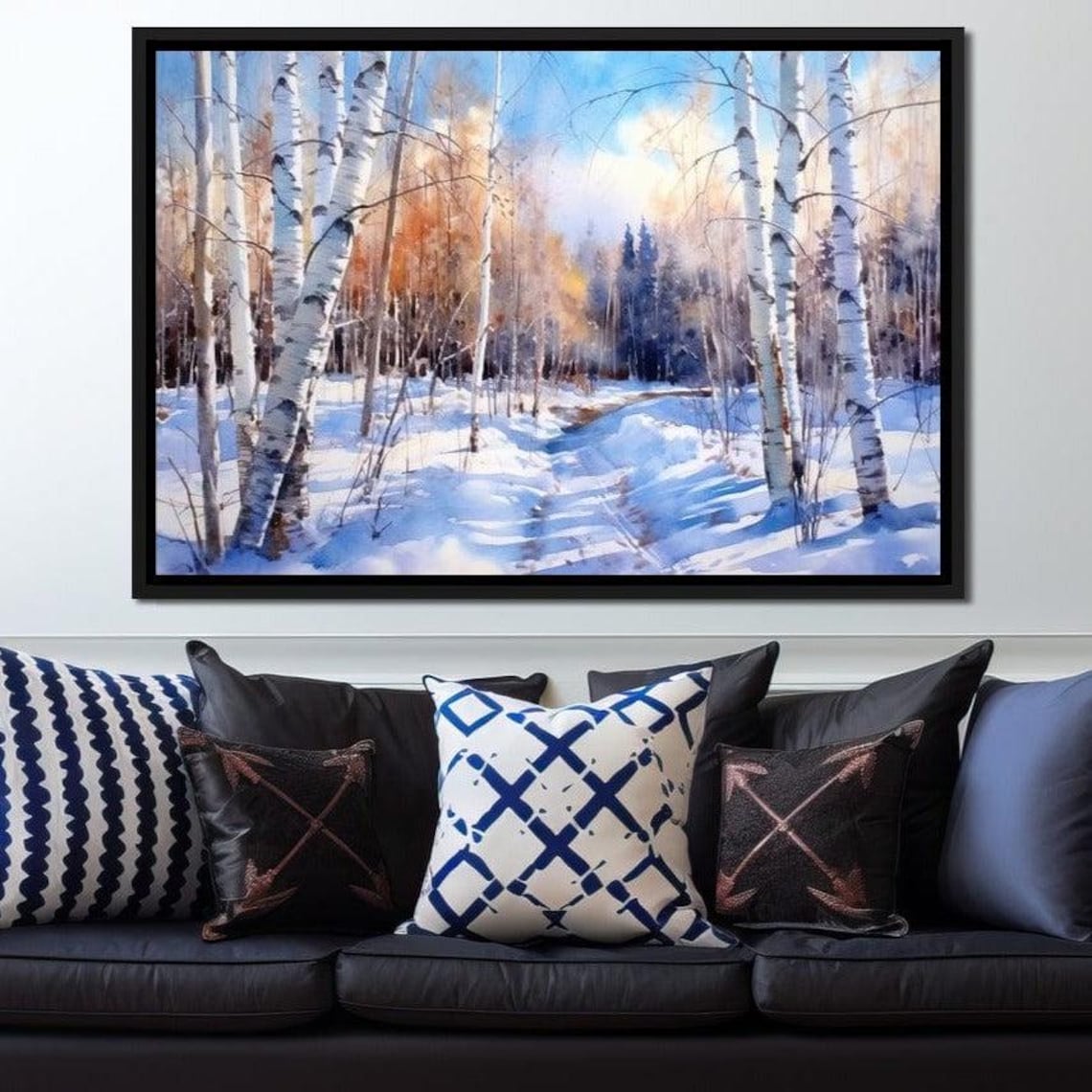 Snowy Birch Forest Winter Walk Watercolor Landscape Painting Art Print