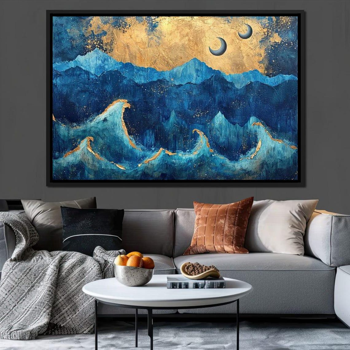 Twin Moons Over Azure Peaks Abstract Landscape Blue Tones Majestic Night Sky Art Celestial Wall Decor By Nichecanvas - Image 4