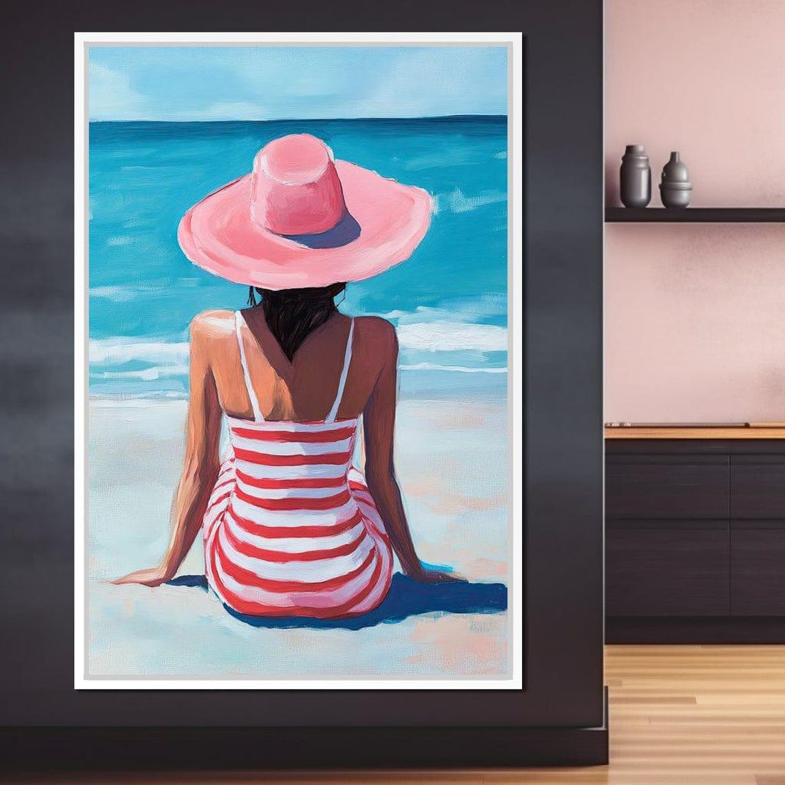 Woman in Pink Sunhat Striped Swimsuit Beach Ocean Summer Art Print - Image 4