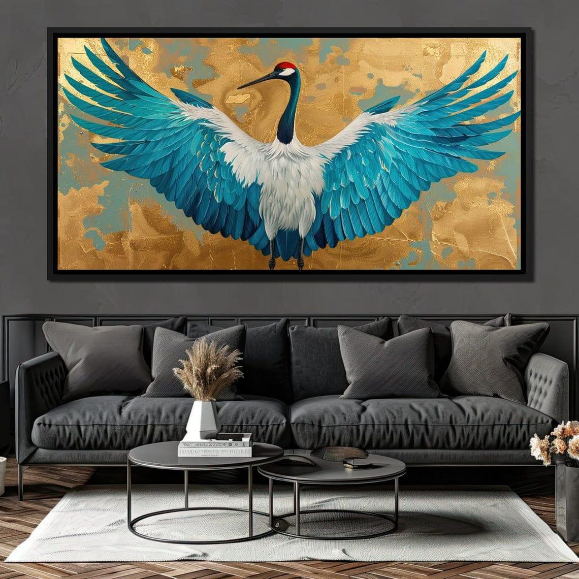 Majestic Crane Turquoise Wings Golden Background Bird Art Poster - Image 3