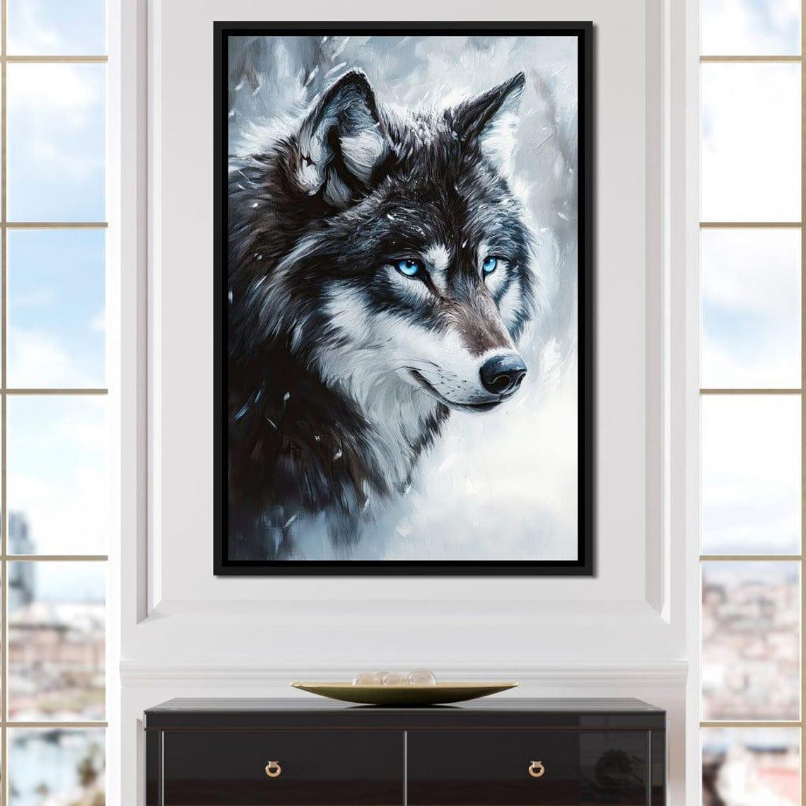 Black Wolf Blue Eyes Snow Painterly Portrait Winter Wildlife Art Print - Image 4