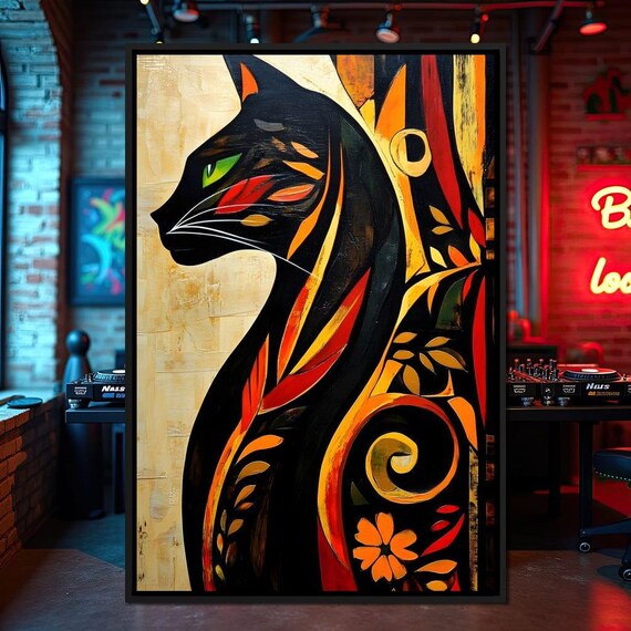 Black Cat Profile Stylized Orange Red Foliage Gold Leaf Wall Art Poster
