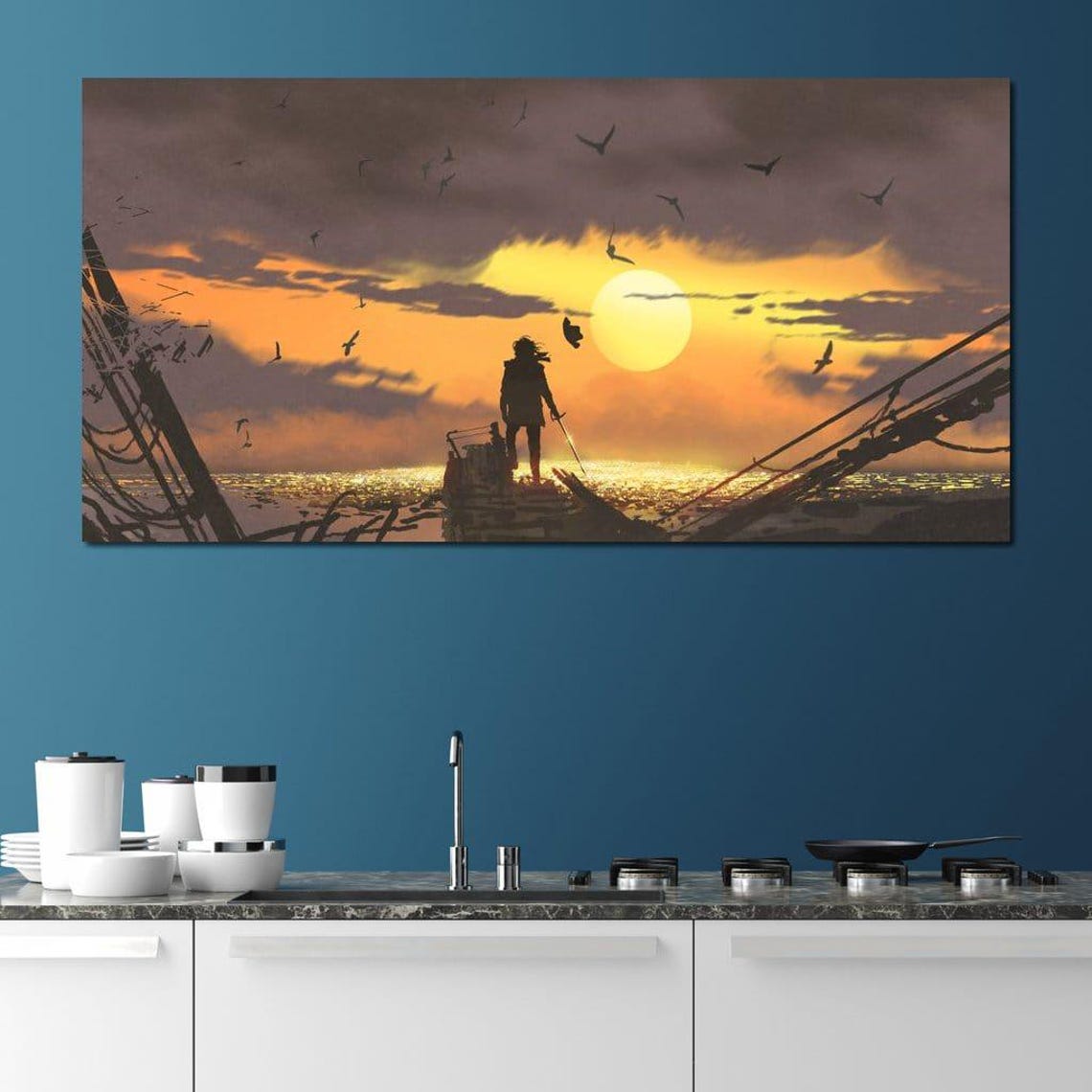 Warrior Silhouette Sword Shipwreck Sunset Dark Fantasy Seascape Poster - Image 2