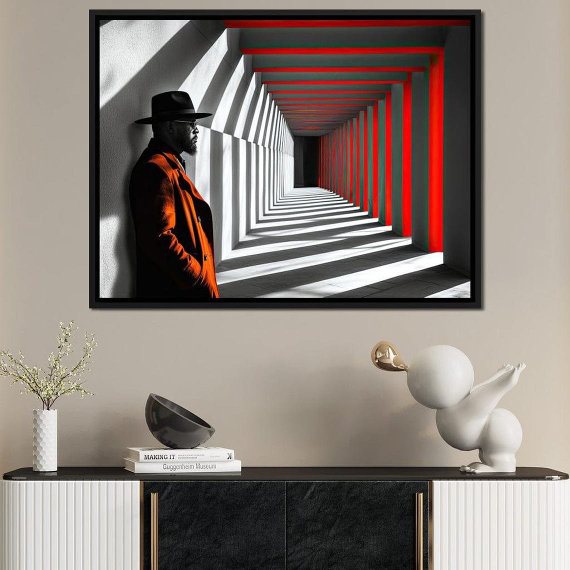 Red Shadows Gentleman Fedora Coat Geometric Corridor Art Poster - Image 4