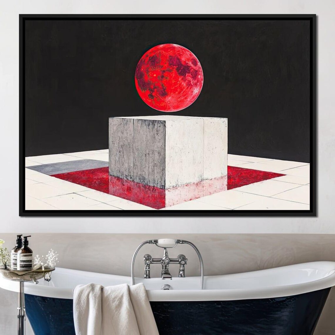 Red Blood Moon Above White Concrete Cube Geometric Cosmic Minimalist Print - Image 3