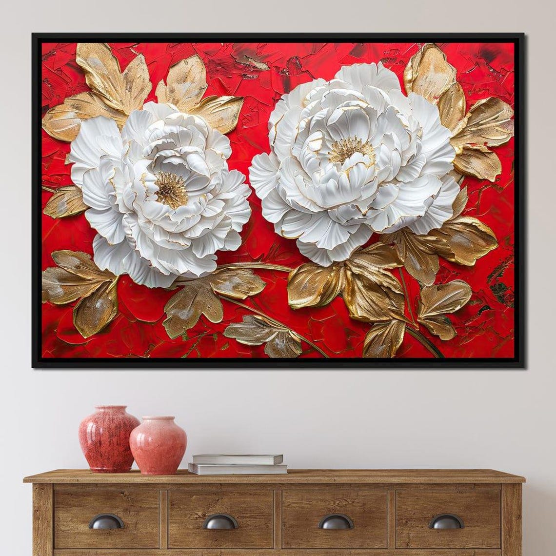 Golden Petals On Ruby Waves Bold Floral Artwork Luxurious Decor Red Backdrop Peony Painting Elegant Botanical Art By Nichecanvas - Image 4