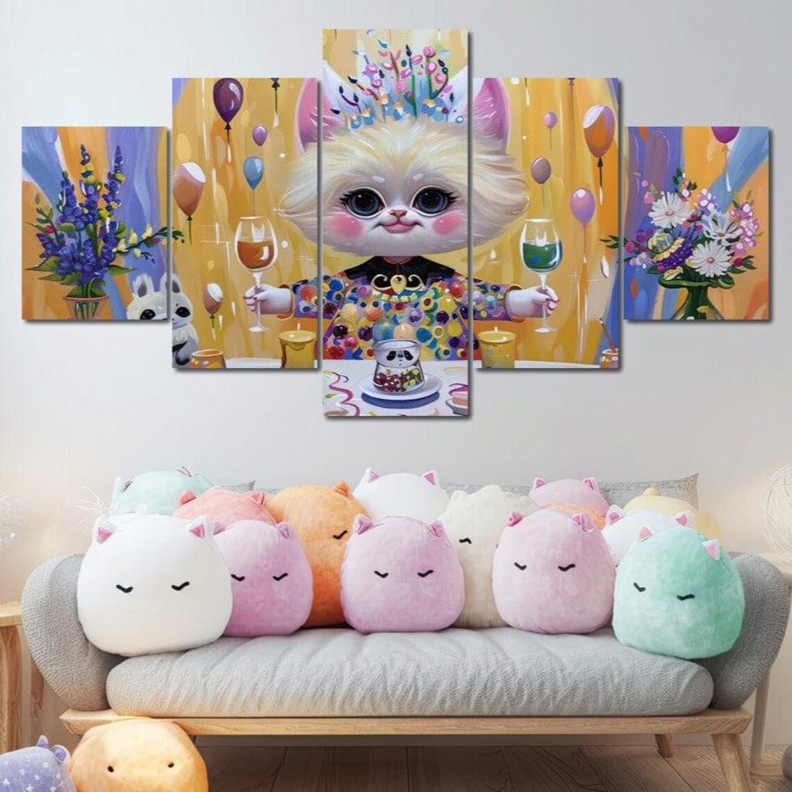 Festive Kitten Birthday Party Balloons Colorful Kids Room Wall Art Poster - Image 4