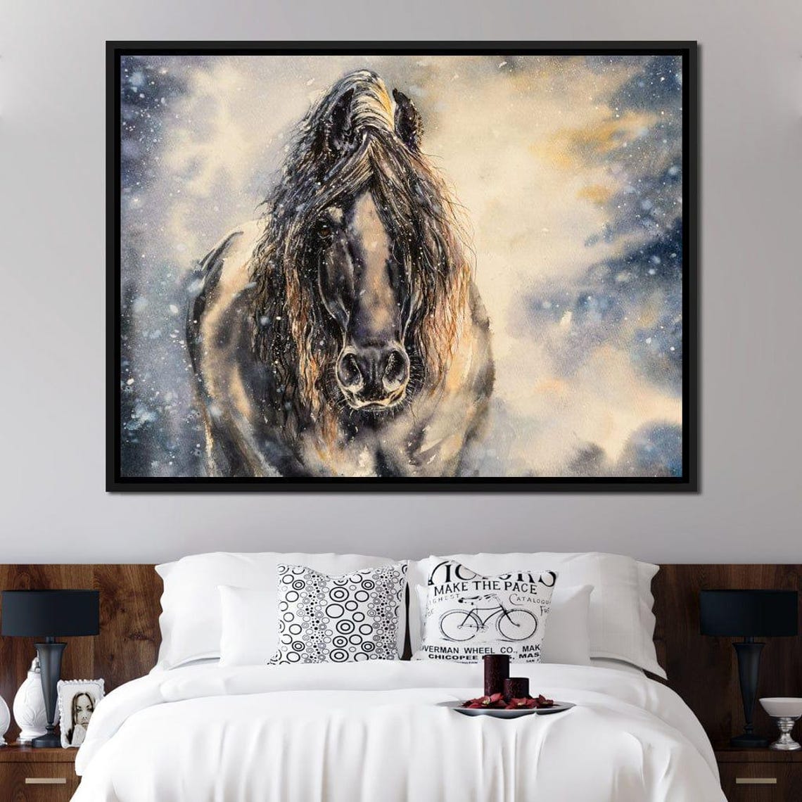 Black Horse Winter Storm Snow Dramatic Equine Portrait Wall Art Print