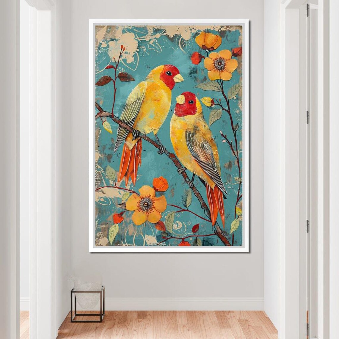 Colorful Red Headed Parrots Pair Teal Floral Bird Art Wall Poster - Image 2
