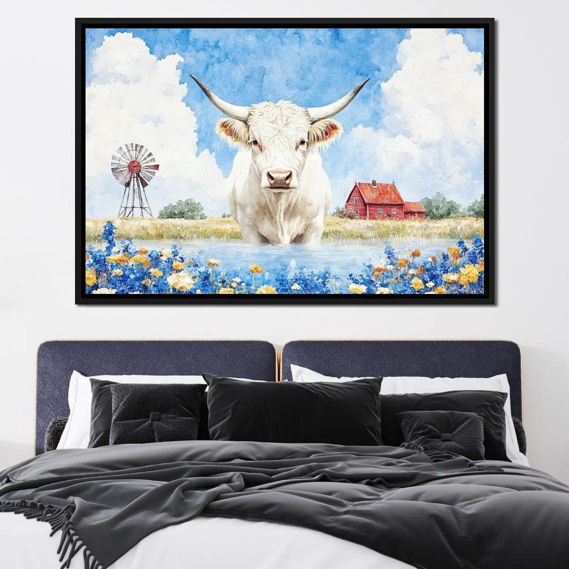 White Longhorn Cow Wading Through Wildflowers At A Country Farm Poster - Image 3