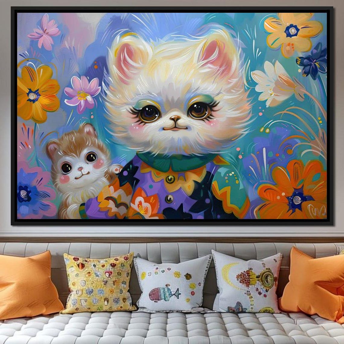 Whimsical Fluffy Cat Kitten Floral Art Print Kids Room Nursery Decor - Image 4
