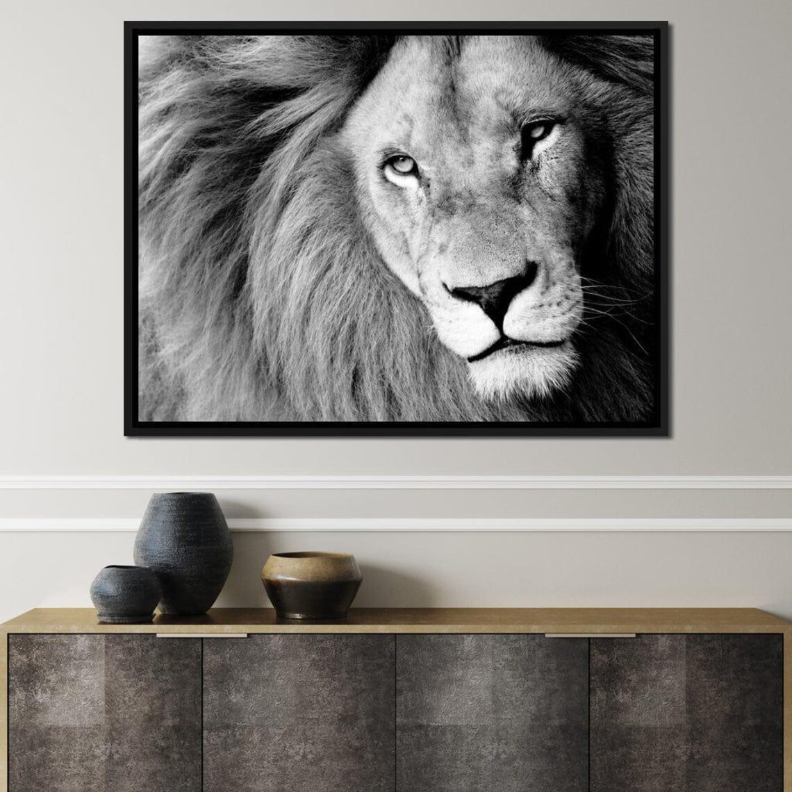 Black And White Lion Portrait Close Up Majestic Mane Wildlife Art Poster - Image 2