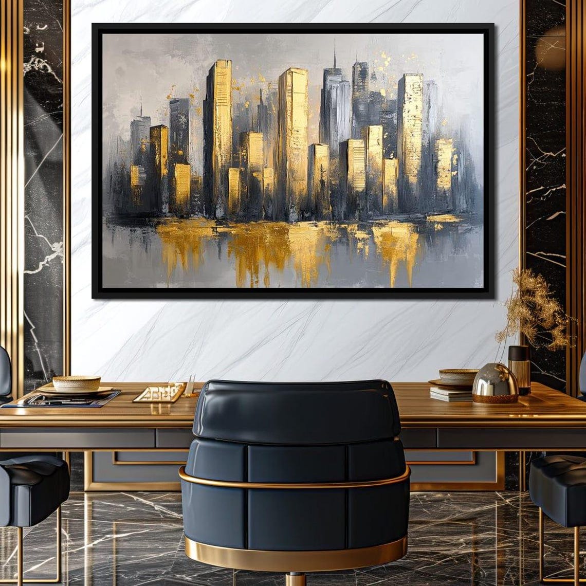 Gold Skyscrapers Gray Water Reflections Modern Urban Abstract Poster - Image 2