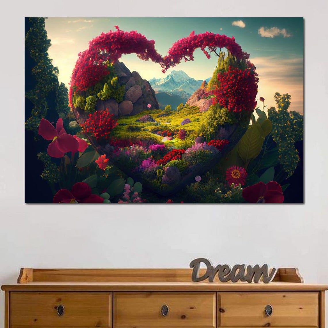 Romantic Heart Shaped Flower Garden Mountain Landscape Art Poster - Image 4