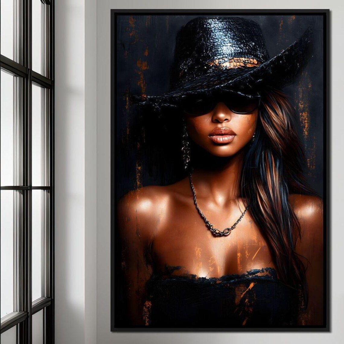 Mystery Woman Black Wide Brim Hat Sunglasses Chic Portrait Wall Poster