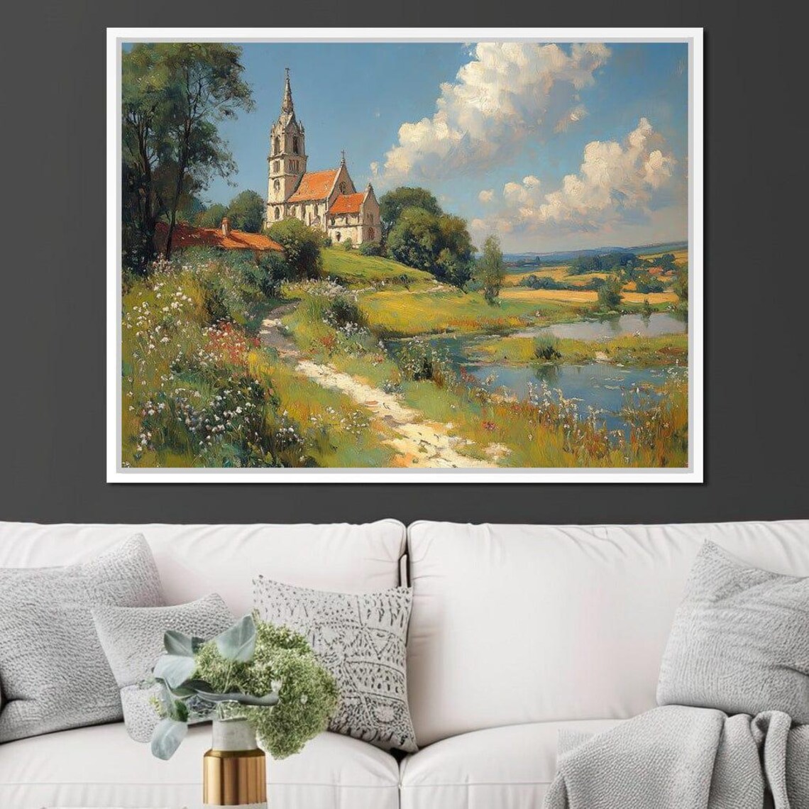 Countryside Stone Church In Summer Meadow Pond Pastoral Art Poster - Image 3