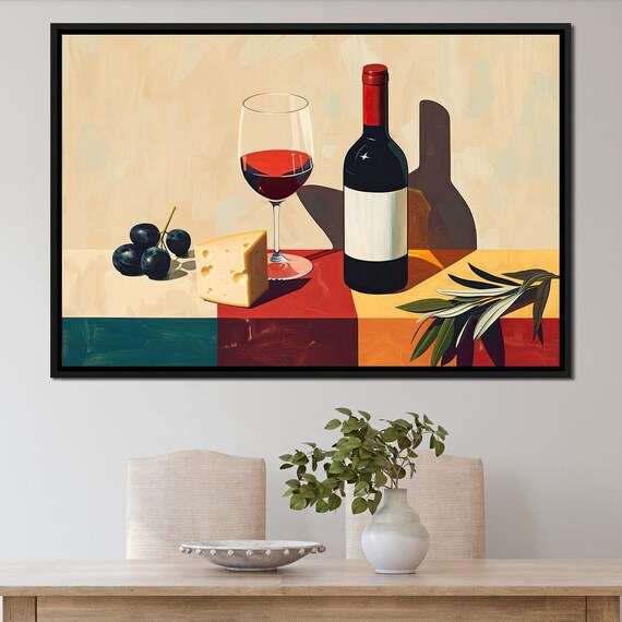 Red Wine Bottle Glass Cheese Figs Modern Still Life Kitchen Wall Art Print